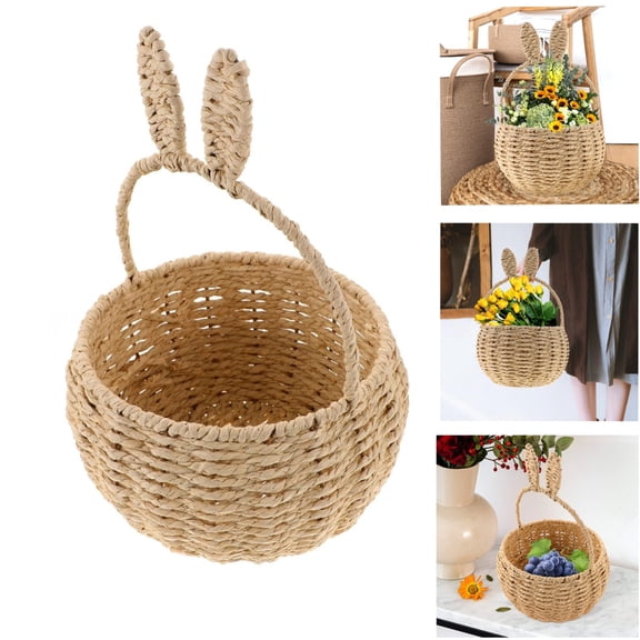 Woven Bunny Basket with Rabbit Ears Handwoven String Picnic Storage Basket for Easter Egg Hunt Party Decoration and Home Organizer