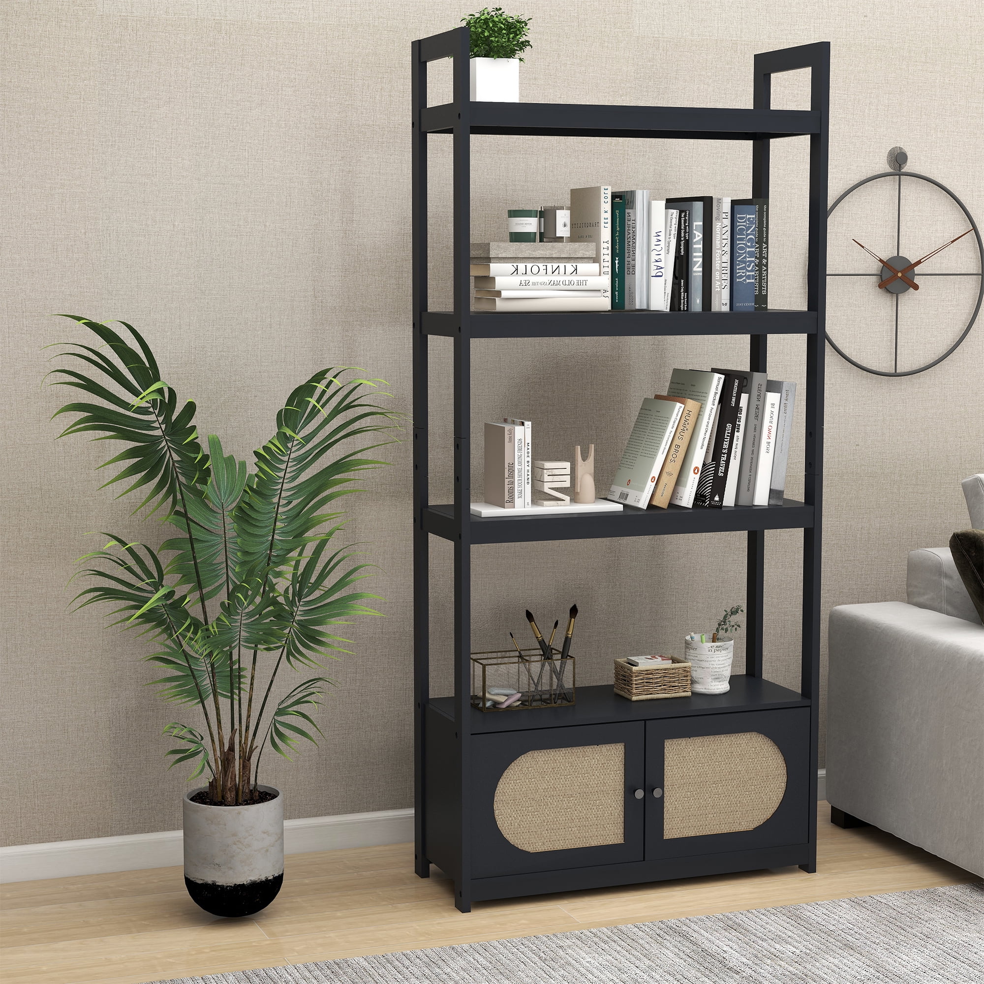 Woven Cane 4-tier Bookshelf Storage Rack Shelves with 2 Doors Wooden ...