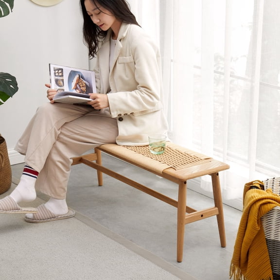 Woven Cane & Oak Wood Bench - Dining Room, Bedroom, Entryway Seating - Solid Wood, Comfortable & Versatile Design - North American Oak Finish