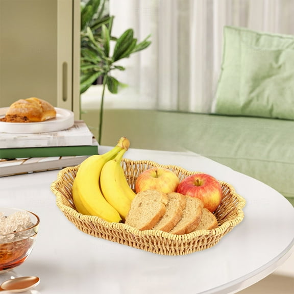 Woven Cane Storage Basket Tray for Countertop Snacks and Fruit, Natural Hollow Design Serving and Organizer Basket for Kitchen, Coffee Table, Entryway