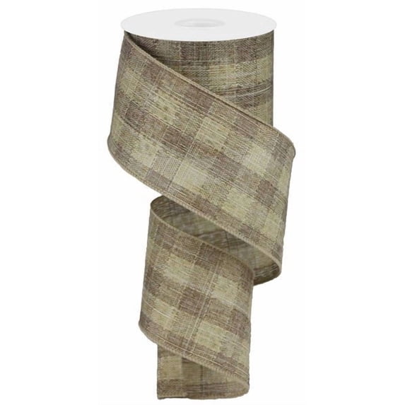 Woven Canvas Check Wired Edge Ribbon - 10 Yards (Brown, Beige, 2.5 Inch)