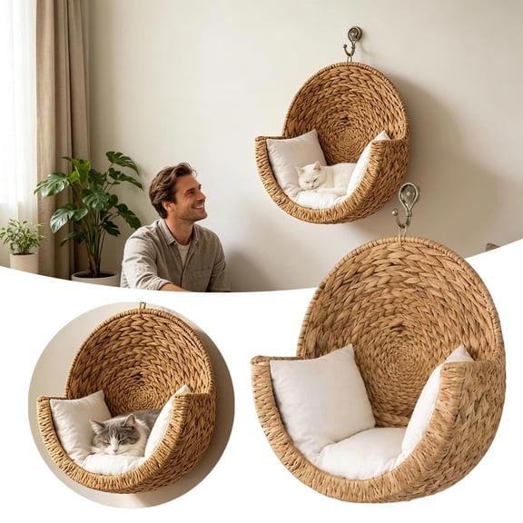 Woven Cat Bed Wall Mounted, Hanging Cat Shelf With Cushion, Elevated Cat Perch For Indoor Cats,Beige - 40X20X20Cm