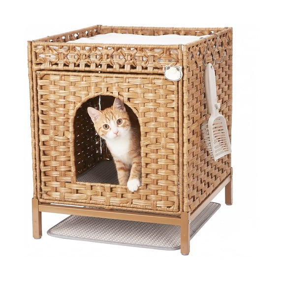 Woven Cat Litter Box Enclosure & House – 2-in-1 Hidden Furniture, Metal Frame – 20.5" x 18.5" x 23.23", 88 LBS – Bedroom – Mat & Scoop, Brown