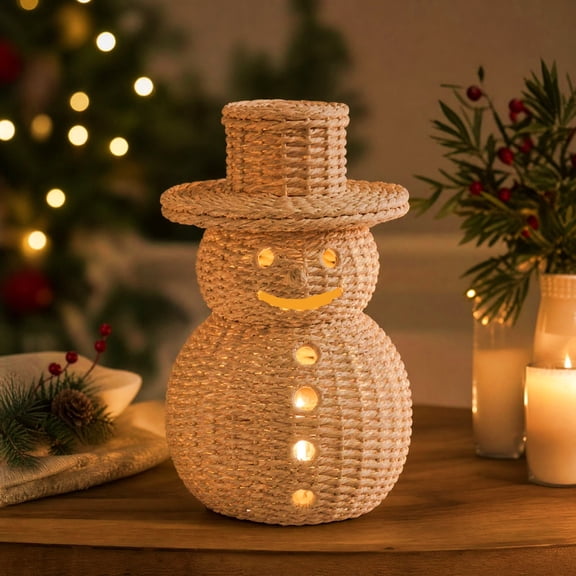 Woven Christmas Ornament, 12" Wicker Snowman‑Shaped Natural Rattan Tabletop Decor with Hat & Scarf for Holiday Home Mantel Decoration