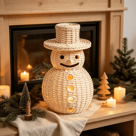 Woven Christmas Snowman Decorations, Hand-Woven Snowman Christmas Candle Holder, Cozy Handmade Rattan Snowman Woven Container With Led Candle Ligh for Home Table Centerpiece Winter Festive Sculptures