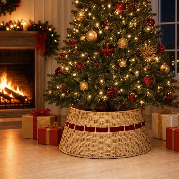 Woven Christmas Tree Collar with Red Velvet Stripe, Tree Skirt Alternative Detachable Tree Base Ring, Rustic Woven Tree Stand Cover for Indoor Farmhouse Christmas Home Holiday Decor