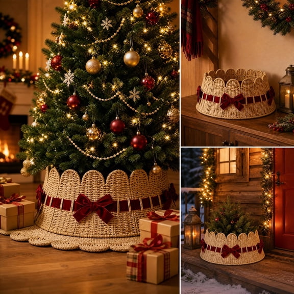Woven Christmas Tree Collar With Velvet Bows Tree Base Ring for Home Decoration