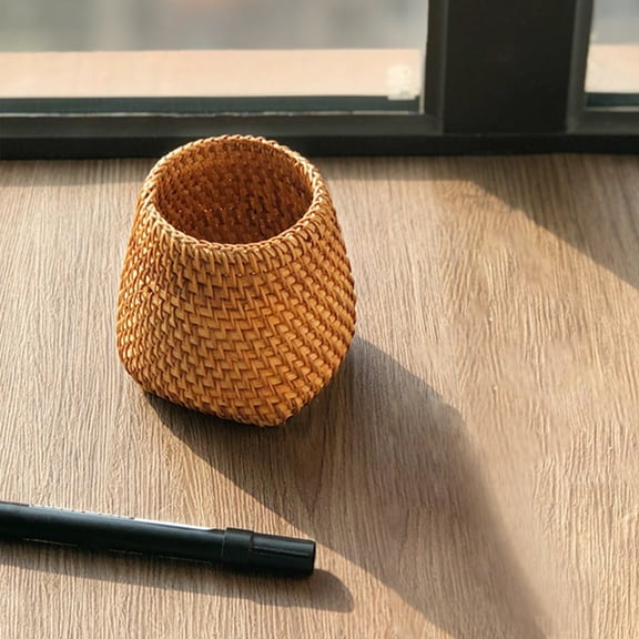 Woven Circular Pen Support Office Desk Multifunctional Holder, Desktop Storage Organizer Rattan Material Brown, 10x8x8cm