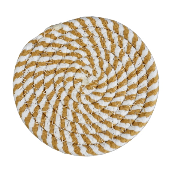 Woven Coaster 4.3 Inch Round Cream Camel Striped Heat Resistant Mat For Drinks Tabletop Protection 1 Pack