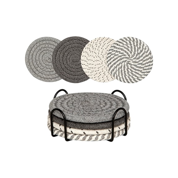 Woven Coasters, Dark Gray Round Heat Resistant Drink Coaster Set Of 4 With Metal Holder For Home Kitchen Cup Bowl Use