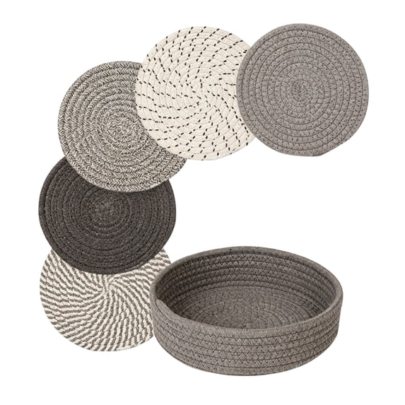 Woven Coasters Dark Grey 7.1 Inch 5 Pack Round Heat Resistant Mat Set With Basket For Home Kitchen Dining Table