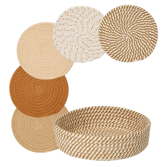 Woven Coasters For Drinks 7.1 Inch 5 Pack Khaki Round Heat Resistant Cup Mats With Storage Basket For Home Kitchen Tabletop Protection
