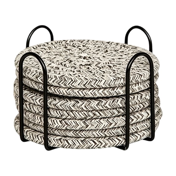 Woven Coasters, Heat Resistant Round Pads 8 Pack With Black Metal Storage Rack For Kitchen Dining Table Drinks Pots