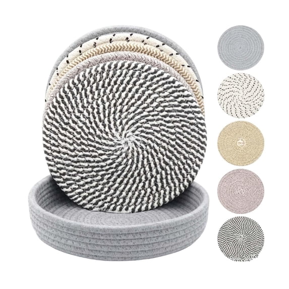 Woven Coasters Set 7.1 Inch 5 Pack Gray Heat Resistant Round Drink Coasters With Holder For Home Kitchen Table Decor