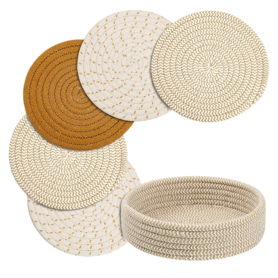 Woven Coasters Set 7.1 Inch 5 Pack With Storage Basket Heat Resistant Round White Coaster For Home Kitchen Tableware
