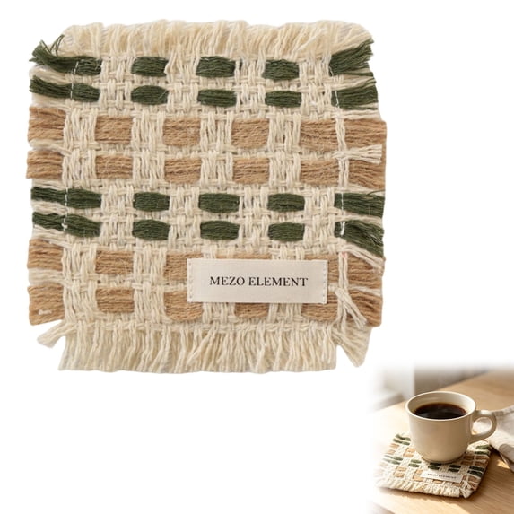 Woven Coasters,Square Handwoven Fringe‑Trim Drink Coaster,Boho Woven Tassel‑Edge Cup Mats,Square Rattan Hand‑Made Table Cup Pads,Bohemian Style Woven Drink Guard Rest for Coffee Drinks,Table Decor