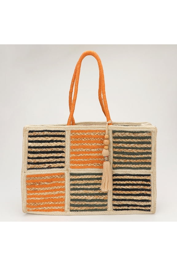 Woven Color Block Stripe Wooden Tassel Straw Tote Bag