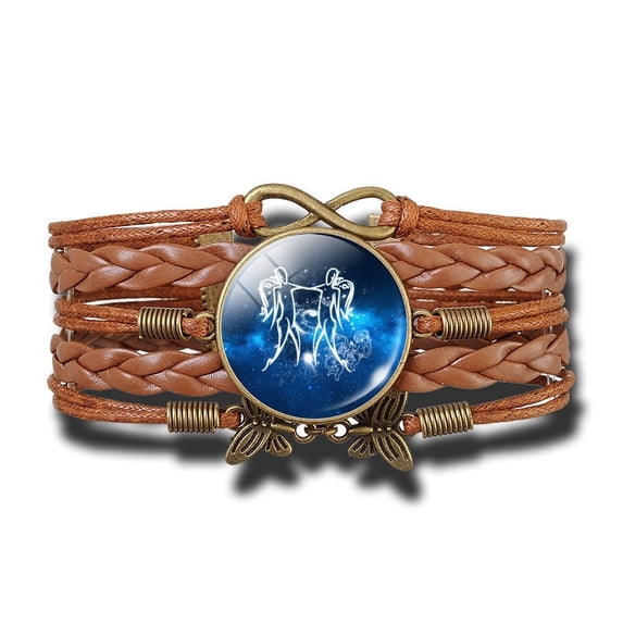 Woven Constellation Bracelet Leather Adjustable Retro Bracelet with Gemstone Accent Pendant and Extender Chain Fashion