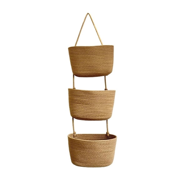 Woven Cotton 3-Tier Over the Door Basket, Boho Versatile Storage Basket, Hanging Wall Baskets for Organizing, Removable Wall Mounted Organizer Decor for Kitchen Bedroom