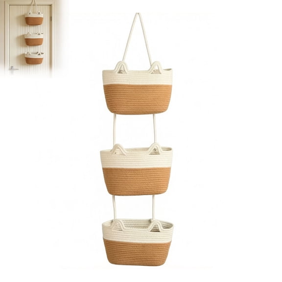 Woven Cotton 3-Tier Woven Cotton 3-Tier Over the Door Basket, Decorative Rope Hanging Wall Storage Baskets Organizer for Nursery, Bathroom and Bedroom