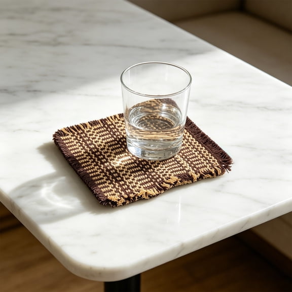 Woven Cotton Coaster with Tassels - Checkered Absorbent Drink Coaster for Coffee Tea Cups - 4 Inch Round Table Mat for Hot Drinks - Home Kitchen Office Decor
