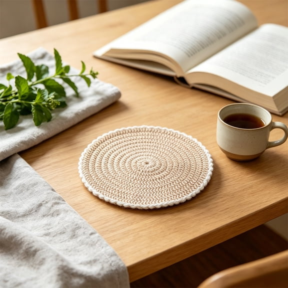 Woven Cotton Coasters Set, Round Ball Trim Table Mat, Heat Resistant Hot Pad for Coffee Mugs & Glasses, Boho Farmhouse Kitchen Decor & Dining Table Protector
