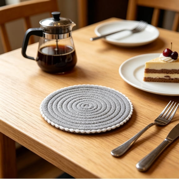 Woven Cotton Coasters Set, Round Ball Trim Table Mat, Heat Resistant Hot Pad for Coffee Mugs & Glasses, Boho Farmhouse Kitchen Decor & Dining Table Protector