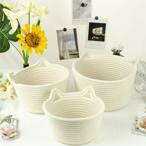 Woven Cotton Rope Basket For Gifts Empty With Handle, Cute Storage For Shelves Closets Dog Cat Pet Toy Box Baby Nursery Clothes Sock Changing Table Bathroom Towel Shelf Desk Little Mini Boho Bin