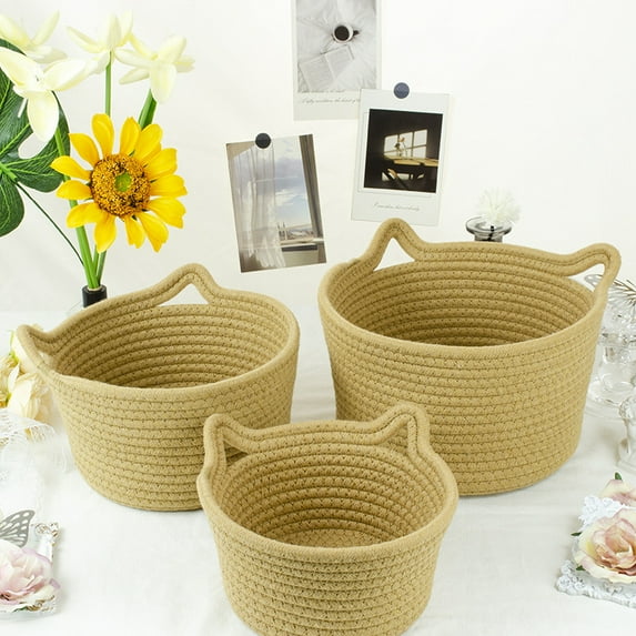 Woven Cotton Rope Basket For Gifts Empty With Handle, Cute Storage For Shelves Closets Dog Cat Pet Toy Box Baby Nursery Clothes Sock Changing Table Bathroom Towel Shelf Desk Little Mini Boho Bin