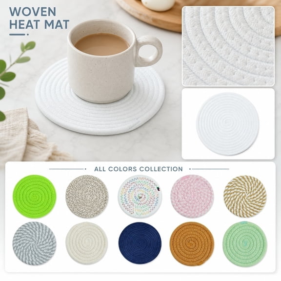 Woven Cotton Rope Coaster Heat Resistant Trivet Mat Thick Braided Pot Holder for Hot Dishes Mugs Kitchen Table Protection Accessories, Beige 7 Inch