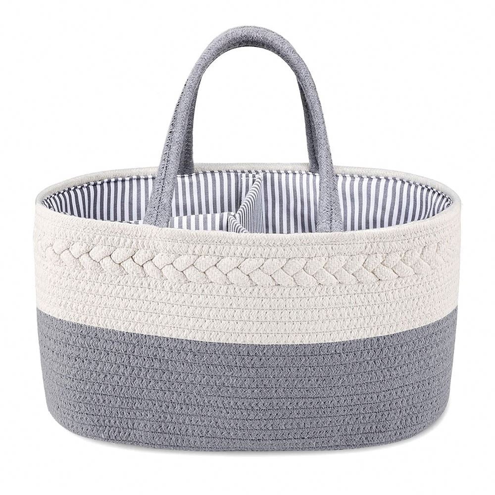 Woven Cotton Rope Diaper Caddy Organizer Basket, Portable Storage Tote with Handle for Baby Essentials