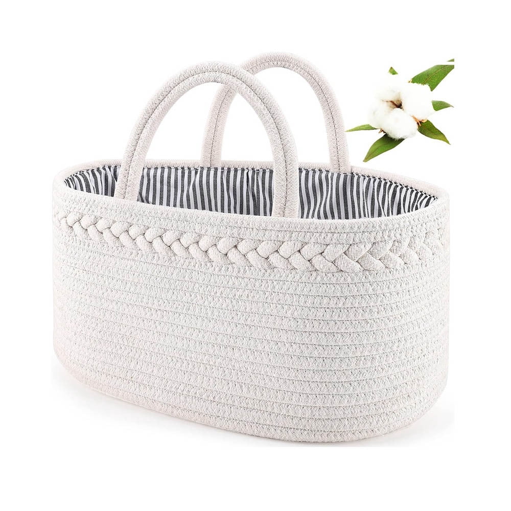 Woven Cotton Rope Diaper Caddy Organizer Basket, Portable Storage Tote with Handle for Baby Essentials
