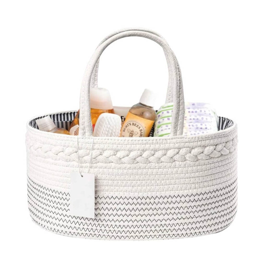 Woven Cotton Rope Diaper Caddy Organizer Basket, Portable Storage Tote with Handle for Baby Essentials