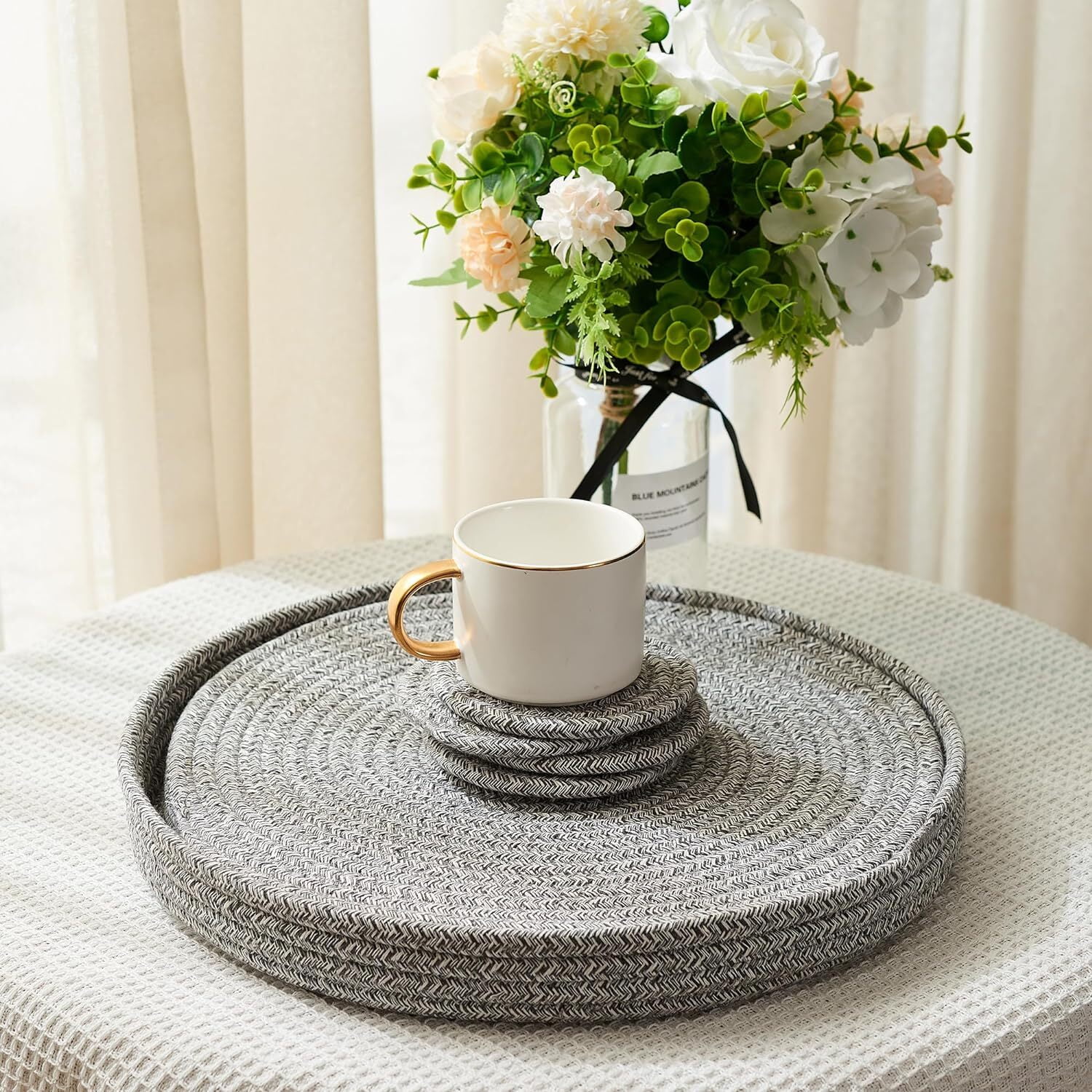 Woven Cotton Rope Round Placemats Set of 9 Pcs with Holder