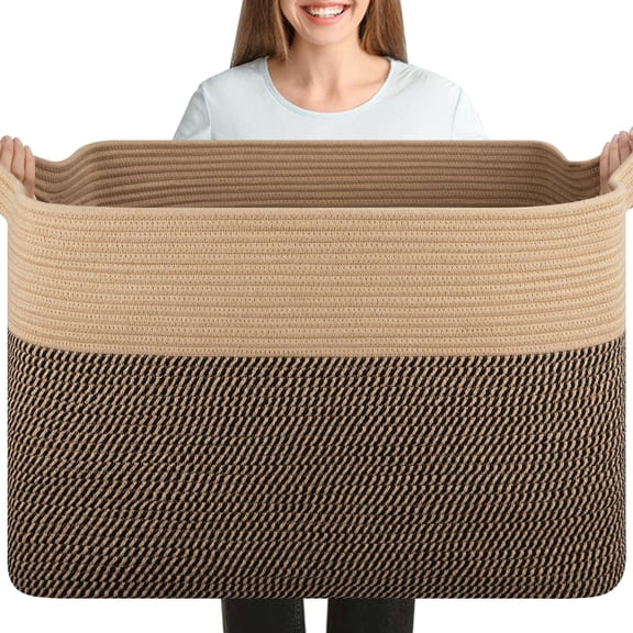 Woven Cotton Rope Storage Basket Brown & Black Extra Large For Laundry, Blankets, Toys