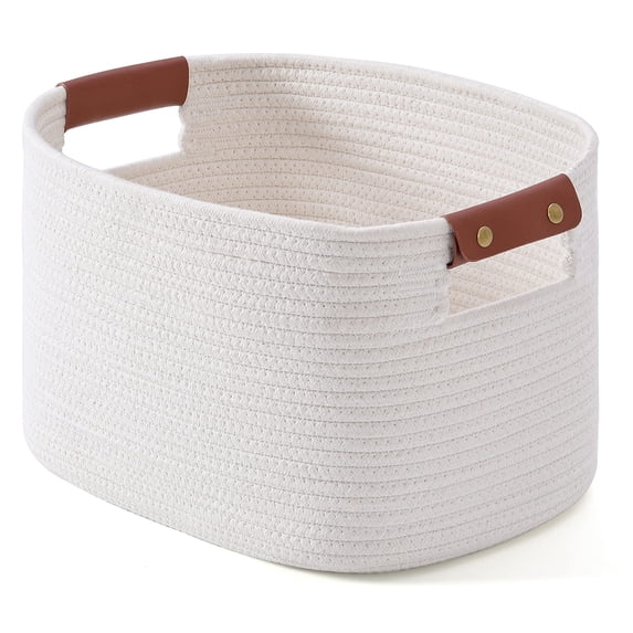 Woven Cotton Rope Storage Basket,Decorative Woven Basket,Decorative Baskets with Detachable Leather Handles for Closet Storage,Woven Baskets For Toy,Blanket, Book Storage(White 1PCS)