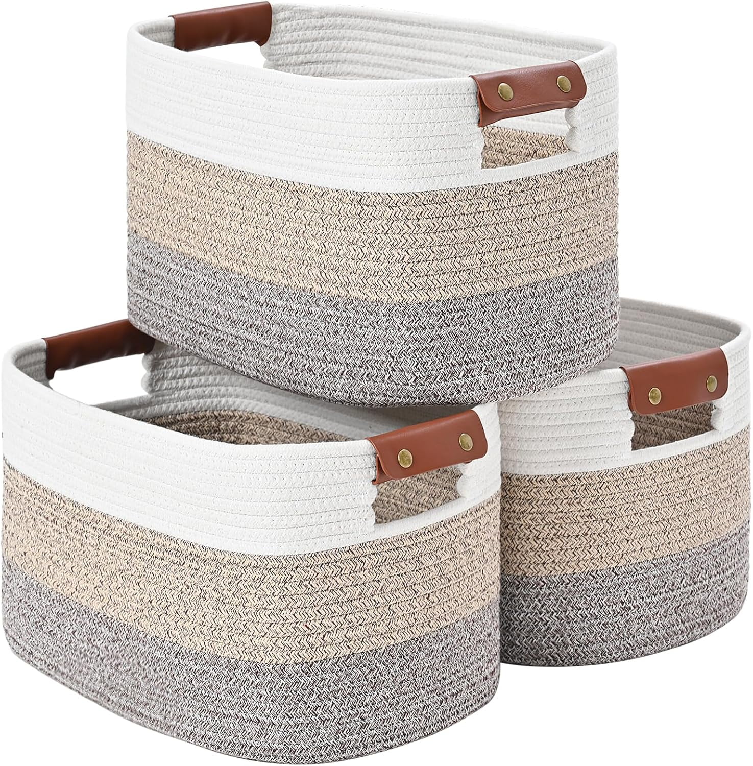 Woven Cotton Rope Storage Basket,Decorative Woven Basket,Woven Shelf Storage Bin with Detachable Leather Handles for Closet Storage,Woven Baskets For Toy,Blanket, Book Storage(Gradient Brown 3PACK)