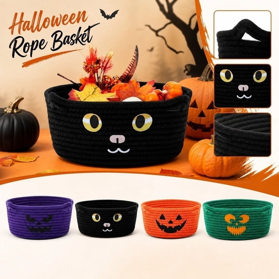 Woven Cotton Rope Storage Basket – Halloween Themed Organizer, 22x12 cm, Cartoon Decorative Soft Bin for Shelf Desk, 1pc Orange