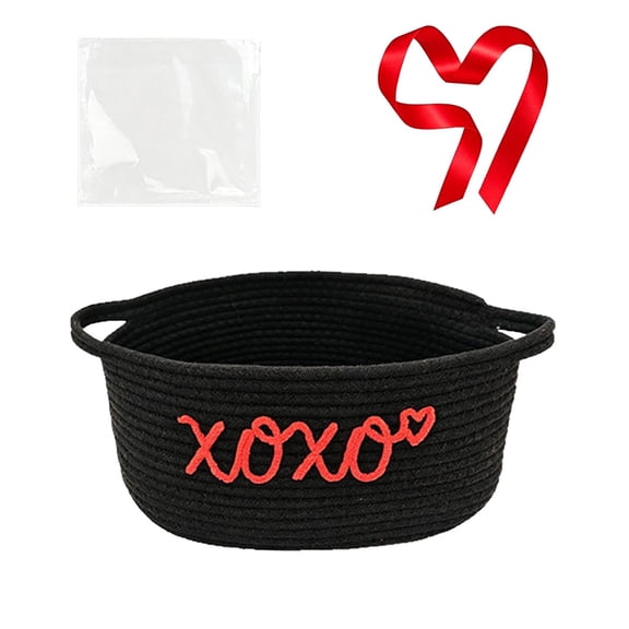Woven Cotton Rope Storage Basket with Handles - Heart Letter Embroidered Gift Basket for Snacks, Gifts and Home Storage
