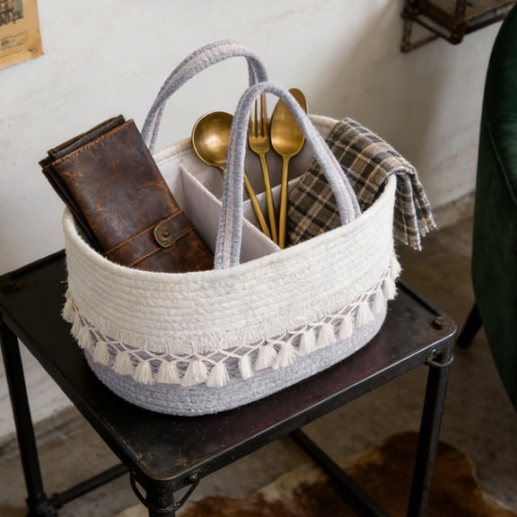 Woven Cotton Rope Storage Basket with Handles, Removable Divider Toy Organizer for Nursery, Boho Tassel Decor, Gray 14"