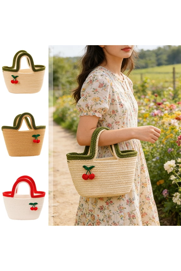 Woven Cotton Rope Tote Bag with Cherry Print, Cute Small Beach Purse Handbag for Women, Everyday Shoulder Bag for Travel, Summer Outings, Gifts