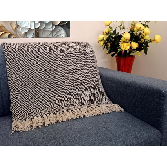 Woven Cotton Sofa Throw, Boho Diamond Fringe, 50x60