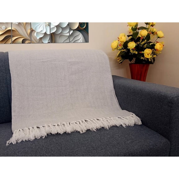 Woven Cotton Sofa Throw, Lightweight Knit, Decorative Fringe, 50"x60"