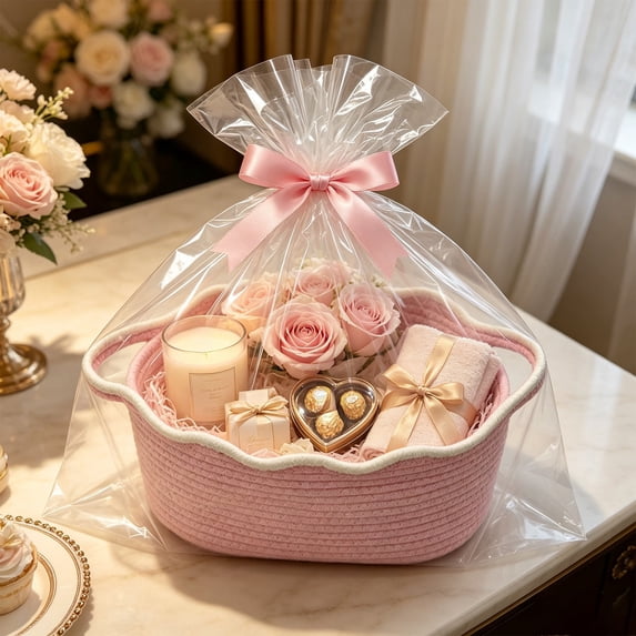 Woven Cotton Storage Basket with Handles, Decorative Gift and Organizer Basket for Shelf, Closet, Bathroom and Pantry, Pink