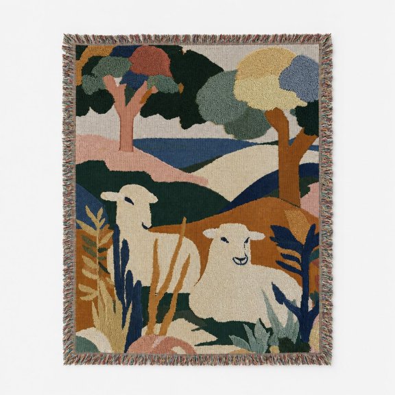 Woven Cotton Throw Blanket, Abstract Sheep Landscape Farmhouse Decor, Fringed Tapestry Accent Blanket