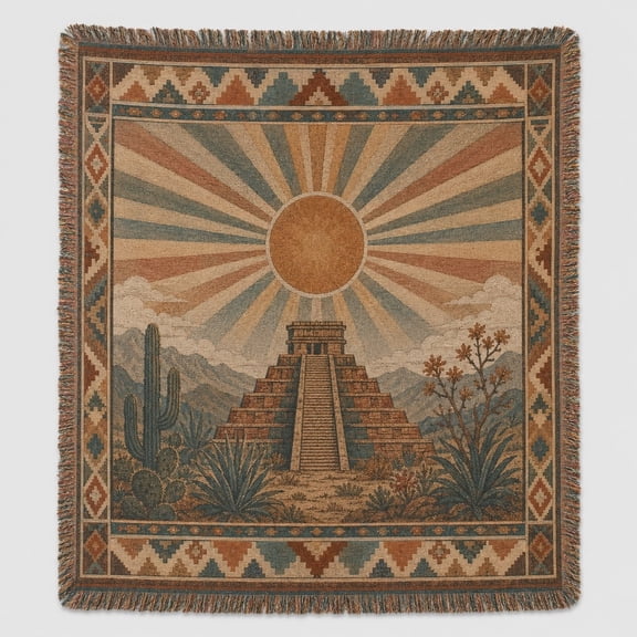 Woven Cotton Throw Blanket, Ancient Pyramid Sunburst Tapestry, Boho Southwestern Fringe Blanket for Couch, 100% Cotton