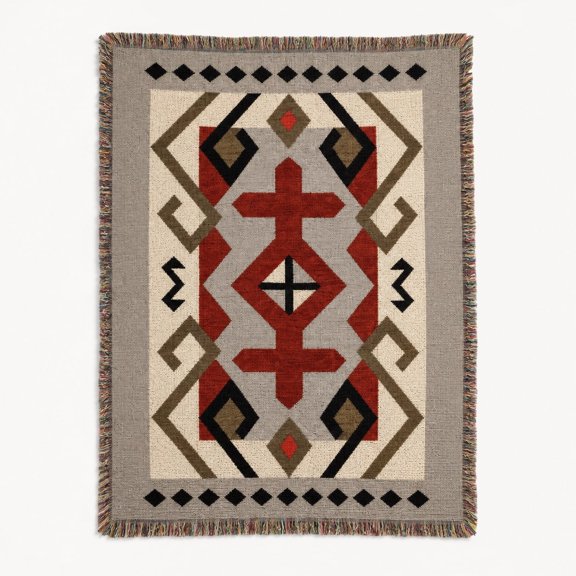 Woven Cotton Throw Blanket, Geometric Southwestern Pattern, Fringed Edges, 100% Cotton Accent Throw
