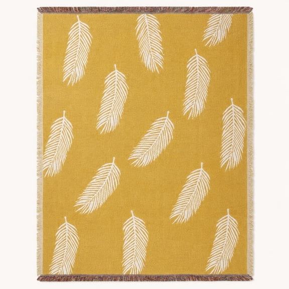 Woven Cotton Throw Blanket, Reversible Boho Feather Sofa Throw with Fringe, Mustard Yellow Couch Blanket