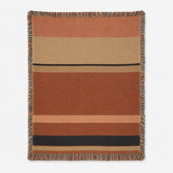 Woven Cotton Throw Blanket, Rust Terracotta Striped Boho Farmhouse Couch Throw with Fringe