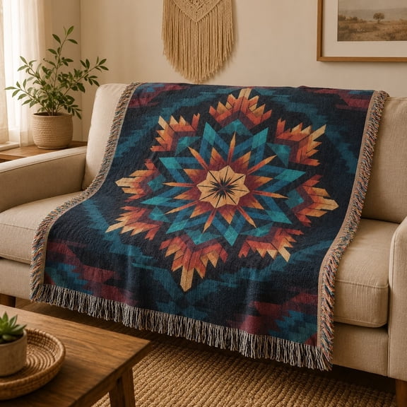 Woven Cotton Throw Blanket, Southwestern Geometric Star Medallion, Fringed Tapestry Blanket for Sofa & Couch, Boho Home Decor Gift